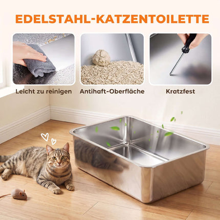 XL-Katzentoilette aus Edelstahl, hohe Seitenwände, 60 x 40 x 30 cm