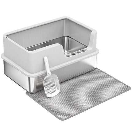 XL Katzentoilette aus Edelstahl mit Deckel, hohen Seitenwänden, Grau