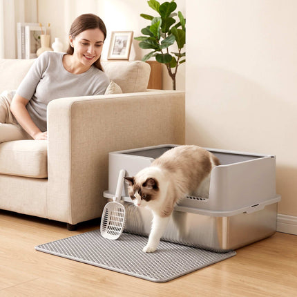 XL Katzentoilette aus Edelstahl mit Deckel, hohen Seitenwänden, Grau
