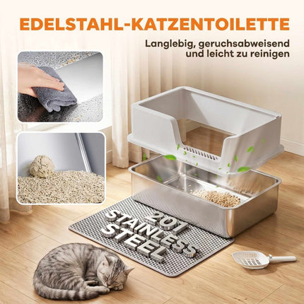 XL Katzentoilette aus Edelstahl mit Deckel, hohen Seitenwänden, Grau
