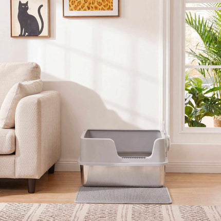 XL Katzentoilette aus Edelstahl mit Deckel, hohen Seitenwänden, Grau