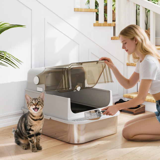 Bac à litière XXL en acier inoxydable, facile à nettoyer, pour grands chats