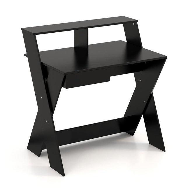 Bureau d'ordinateur en forme de X avec tiroir et support pour moniteur noir
