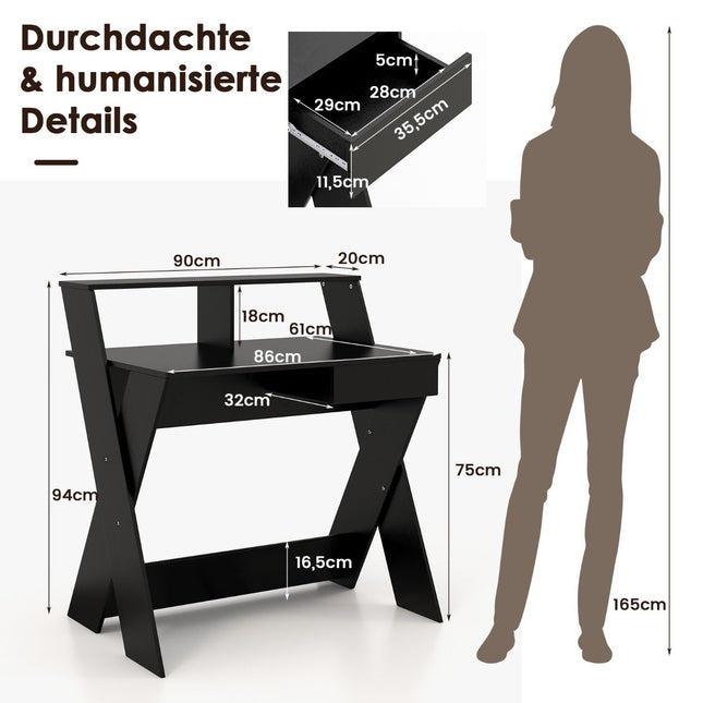 Bureau d'ordinateur en forme de X avec tiroir et support pour moniteur noir