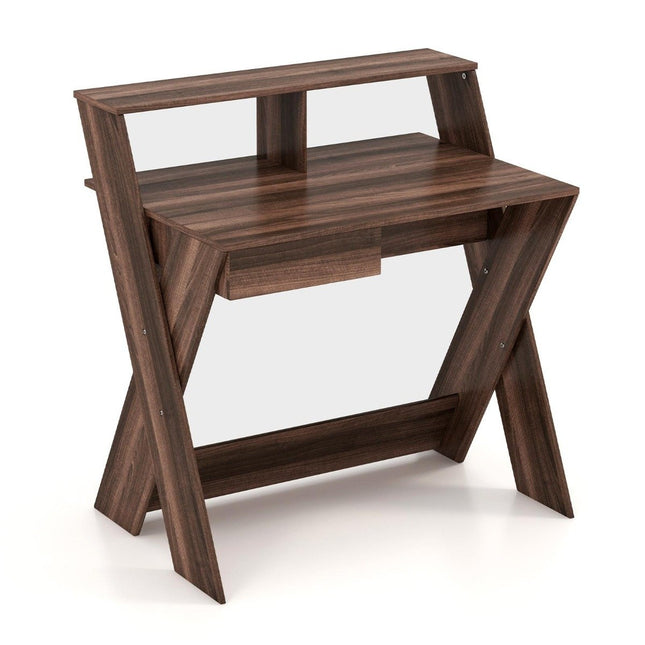 Bureau d'ordinateur en forme de X avec tiroir et support de moniteur en noyer