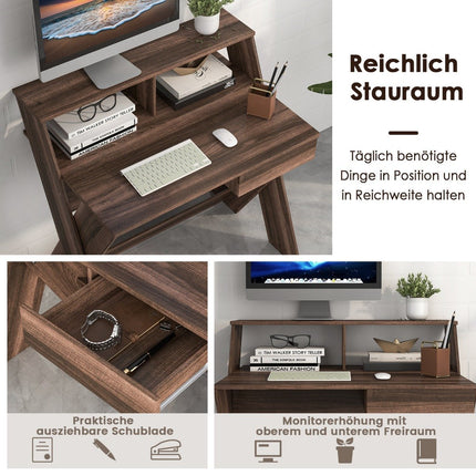 X-förmiger Computertisch mit Schublade &amp; Monitorerhöhung Walnuss