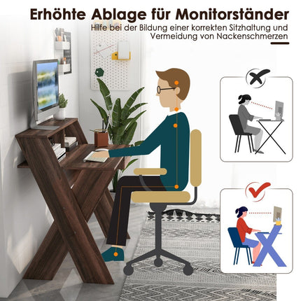 X-förmiger Computertisch mit Schublade &amp; Monitorerhöhung Walnuss
