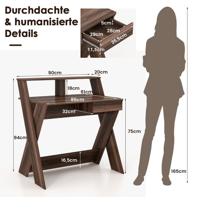 Bureau d'ordinateur en forme de X avec tiroir et support de moniteur en noyer