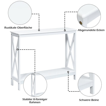 Table console étroite en X à 2 niveaux 100 x 30 x 80 cm blanc