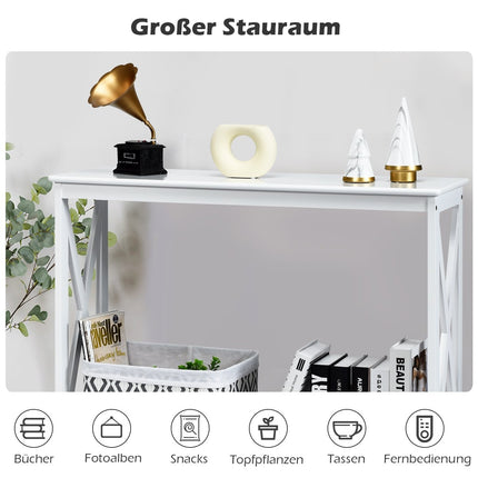 Table console étroite en X à 2 niveaux 100 x 30 x 80 cm blanc