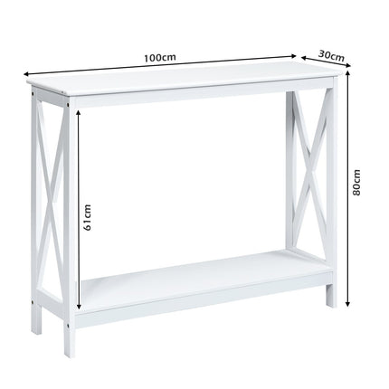 Table console étroite en X à 2 niveaux 100 x 30 x 80 cm blanc