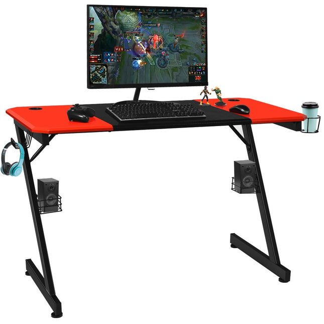 Z-förmiger Gaming-Tisch Computertisch PC-Tisch mit Getränkehalter Kopfhörerhaken &amp; Lautsprecherständer Schreibtisch Schwarz/Rot