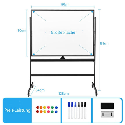grand tableau blanc magnétique mobile réversible orientable à 360° 90 x 120 cm noir + blanc